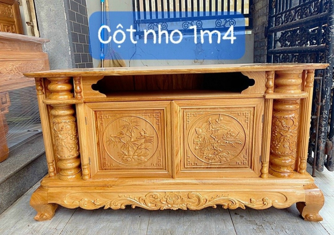 Kệ tivi cột nho gỗ gõ đỏ ngang 1m4
