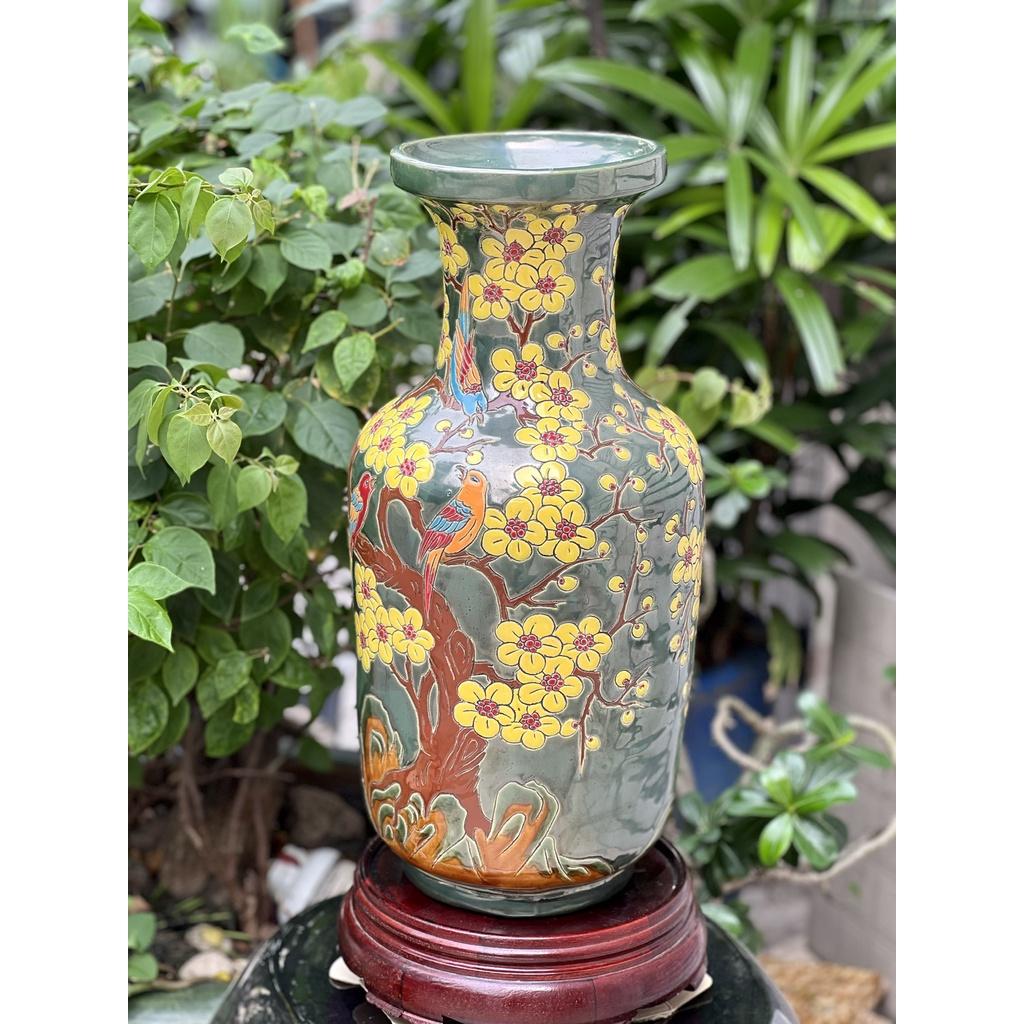 Bình Hoa Mai Điểu, hoa mai vàng, xanh đồng trổ bông, gốm mỹ nghệ Nam Bộ, Cao 50cm cấm hoa trang trí decor