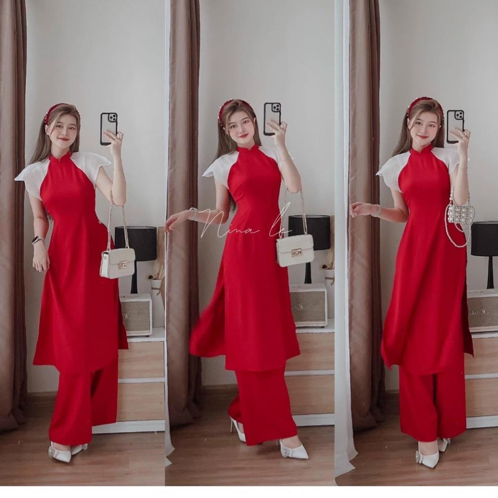 Set áo dài đỏ tay phối voan trắng bồng cánh tiên kèm quần suông đi chùa chúc tết nina lê