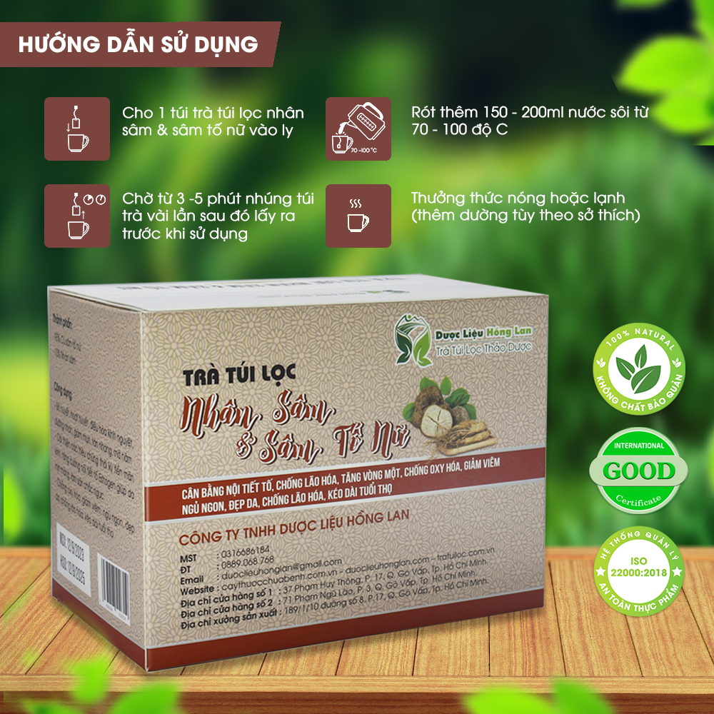 Trà túi lọc Nhân Sâm &amp; Sâm Tố Nữ 60g (20gói x 3g) Dược Liệu Hồng Lan