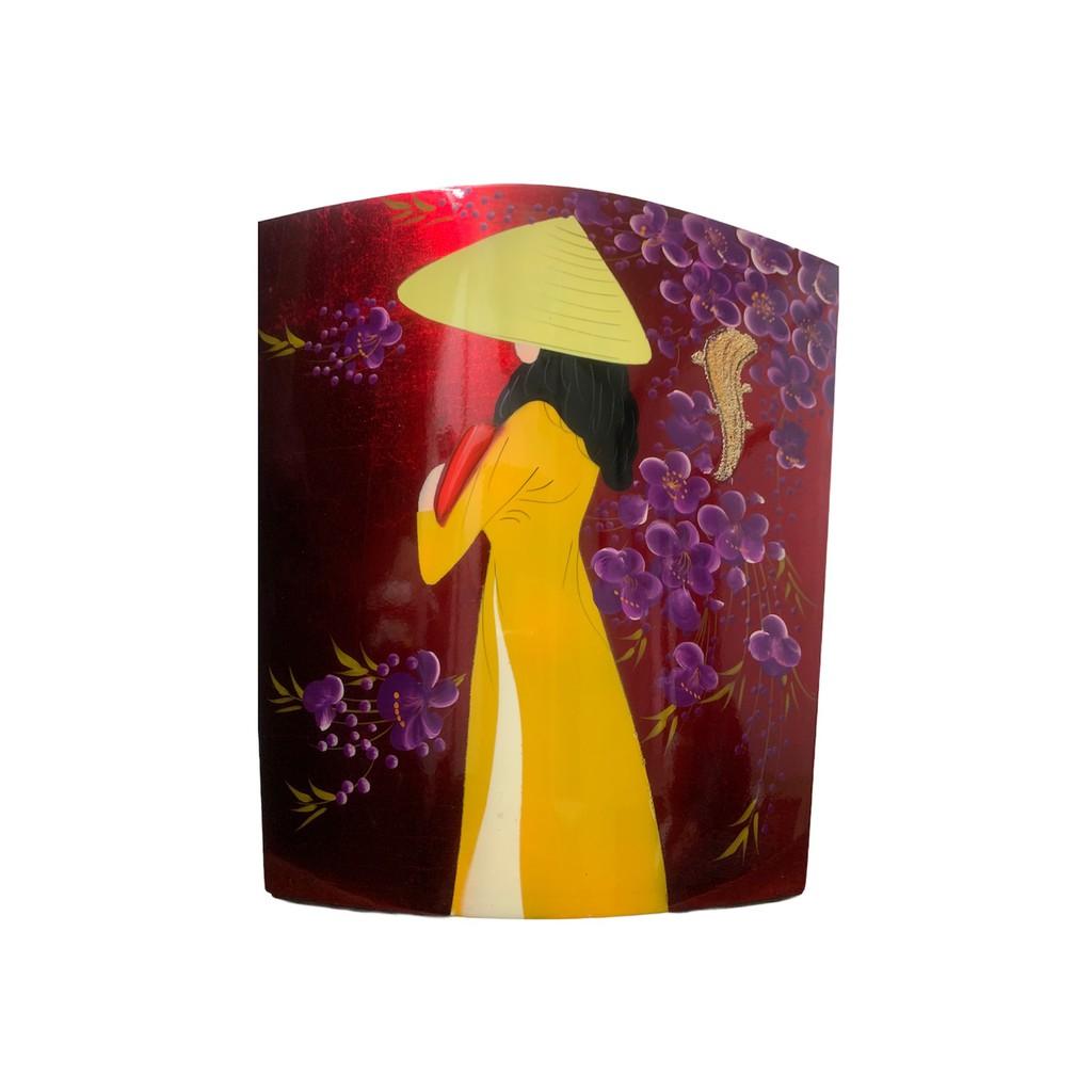 Lọ hoa sơn mài cô gái hoa đào cao 24.5 cm