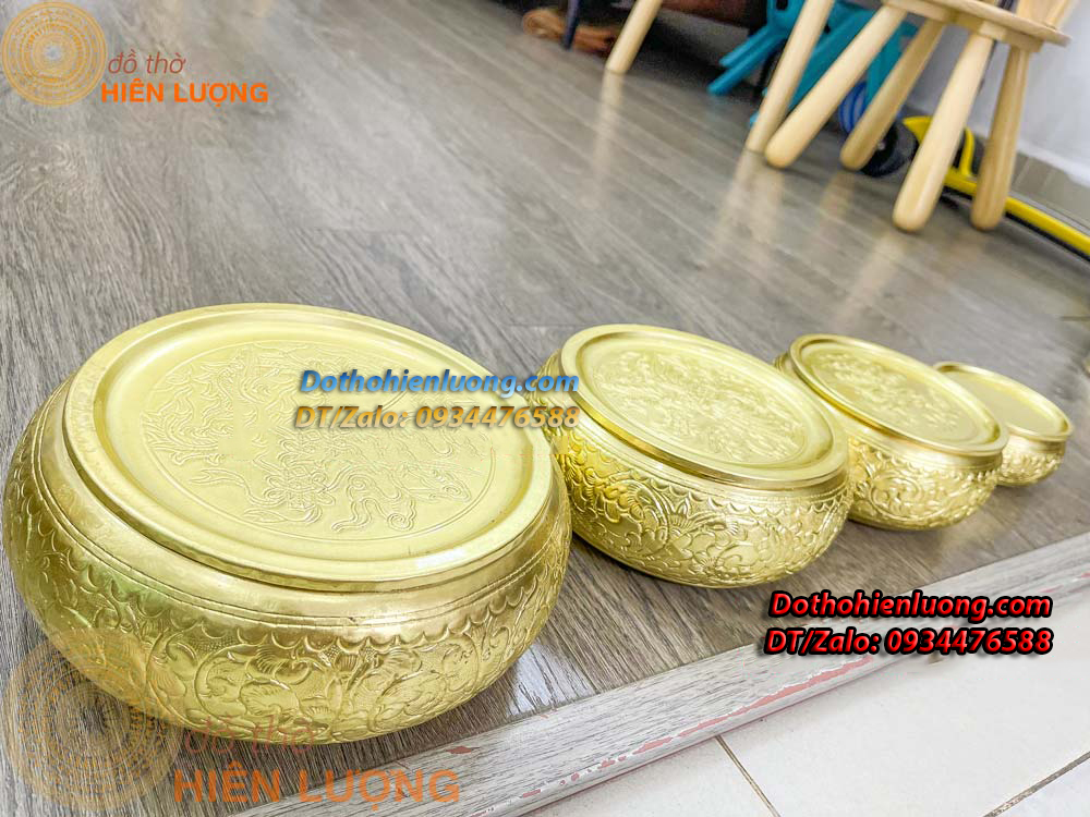 Cơi Đựng Trầu - Âu Trầu Hoa Văn Màu Vàng Bằng Đồng Nguyên Chất Các Cỡ - Đồ Thờ Hiên Lượng