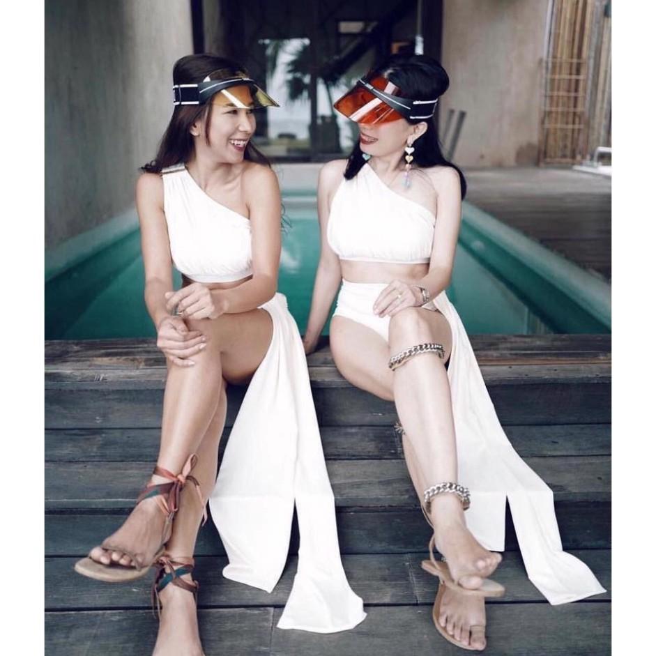 Bikini, bộ bơi áo lệch vai phối khoen vuông, quần nơ dài, phong cách Hy Lạp - EVA shop