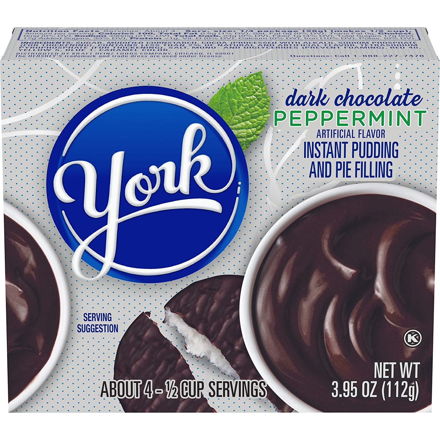 BỘT BÁNH PUDDING SOCOLA ĐEN - BẠC HÀ Her-shey's York Peppermint Chocolate Instant Pudding and Pie Filling, 112g (3.95 oz)