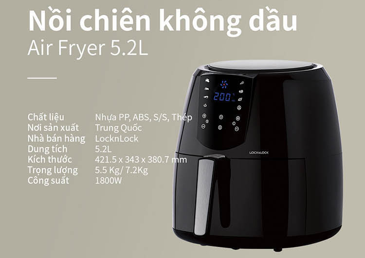 Nồi Chiên Không Dầu Điện Tử Lock&Lock EJF357BLK (5.2 Lít) - Hàng Chính Hãng