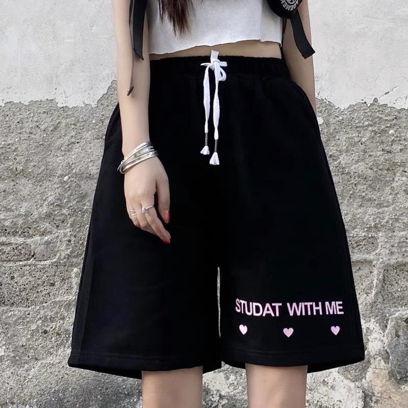 Quần đùi thụng chữ tim hồng quần short ngố lửng ulzzang nam nữ unisex phong cách Hàn Quốc