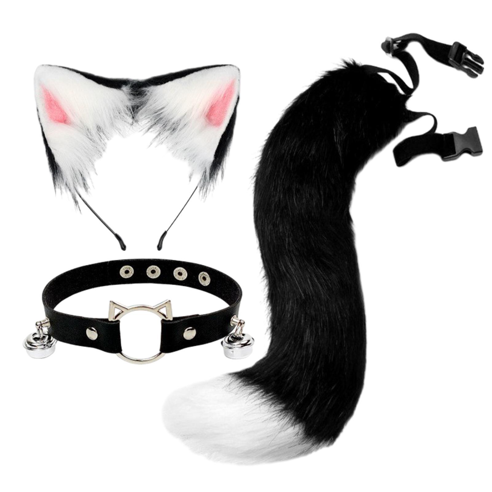 Ears and Long Tail Set Faux Plush Hair Hoop for Halloween Christmas Carnival