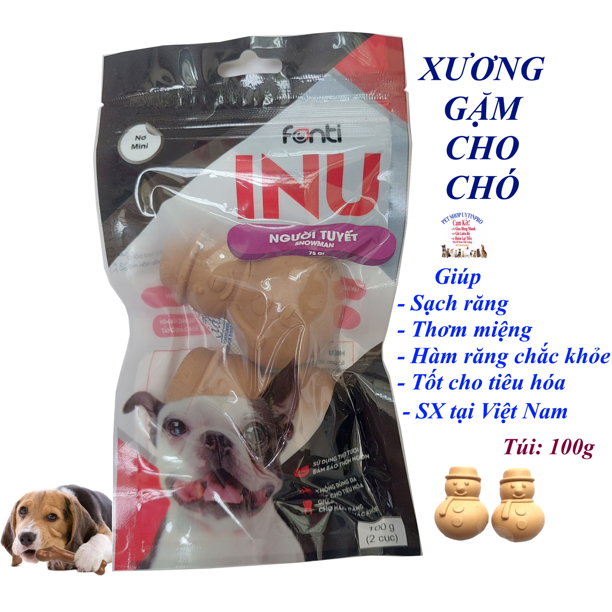 Xương gặm cho Chó Fonti Inu Nơ Mini Gói 100g Hình người tuyết Giúp sạch răng, Chắc răng, Tốt cho tiêu hóa, Sx tại VN