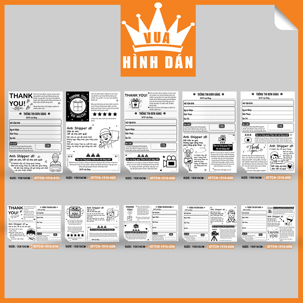 Set 50/100 tem / sticker / decal 15x10cm 3 in 1: Cám ơn khách, Gửi Shipper, mã đơn hàng, lưu ý khách khi mở hàng - dành cho shop