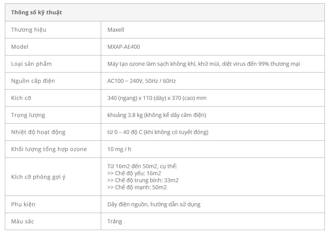 MAXELL - MÁY TẠO OZONE LÀM SẠCH KHÔNG KHÍ, KHỬ MÙI, DIỆT VI KHUẨN MXAP- AE400 - HÀNG CHÍNH HÃNG