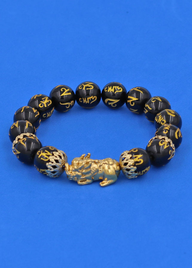 Vòng tay phong thủy Thạch Anh Đen Phật Chú Chữ Vàng 12 ly - Cẩn Tỳ Hưu Chiêu Tài Lộc inox vàng VTAEPVTHBKV12