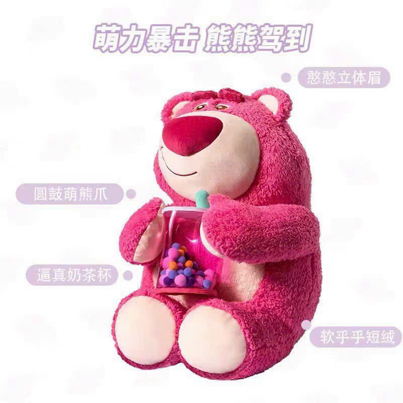 Gấu Bông Lotso Cầm Bình Trà 3D, Gấu Dâu Ngồi ôm Bình Trà Sữa Lông mềm mịn