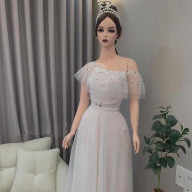 Đầm Maxi xoè lưới bẹt vai kết cườm treo -MS33Y- Size M L đến 58kg MMR