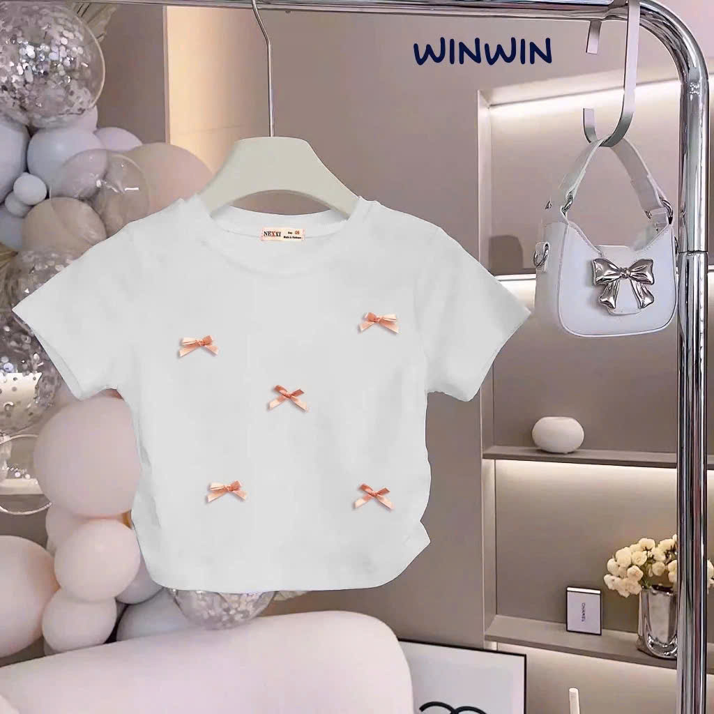 ÁO THUN CROPTOP KIỂU RÚT EO ĐÍNH NƠ NHÍ HOTTREND TỪ 8-45KG DÀNH CHO BÉ GÁI