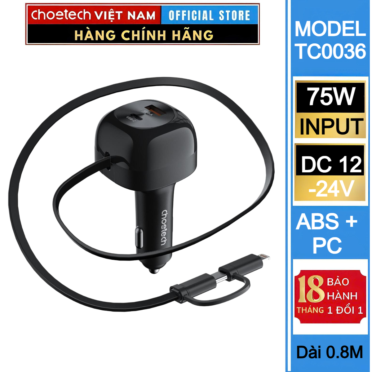 Tẩu sạc ô tô 75W Choetech TC0036 tích hợp cáp sạc rút Type C kèm đầu nối iP (Hàng chính hãng)