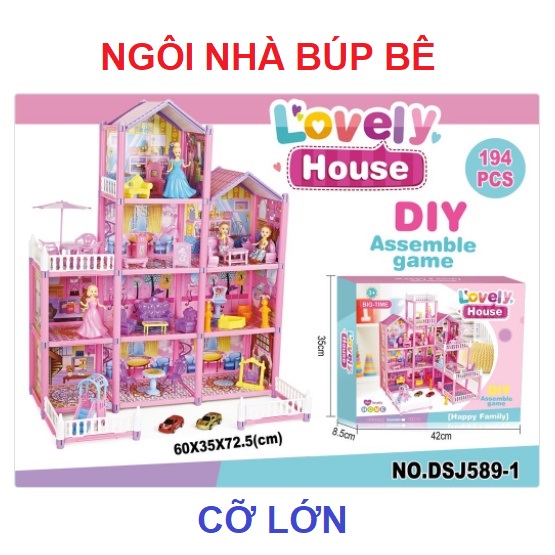 Nhà búp bê mô hình đồ chơi cỡ lớn kèm búp bê chibi full nội thất cho bé lắp ráp, quà tặng sinh nhật cho bé