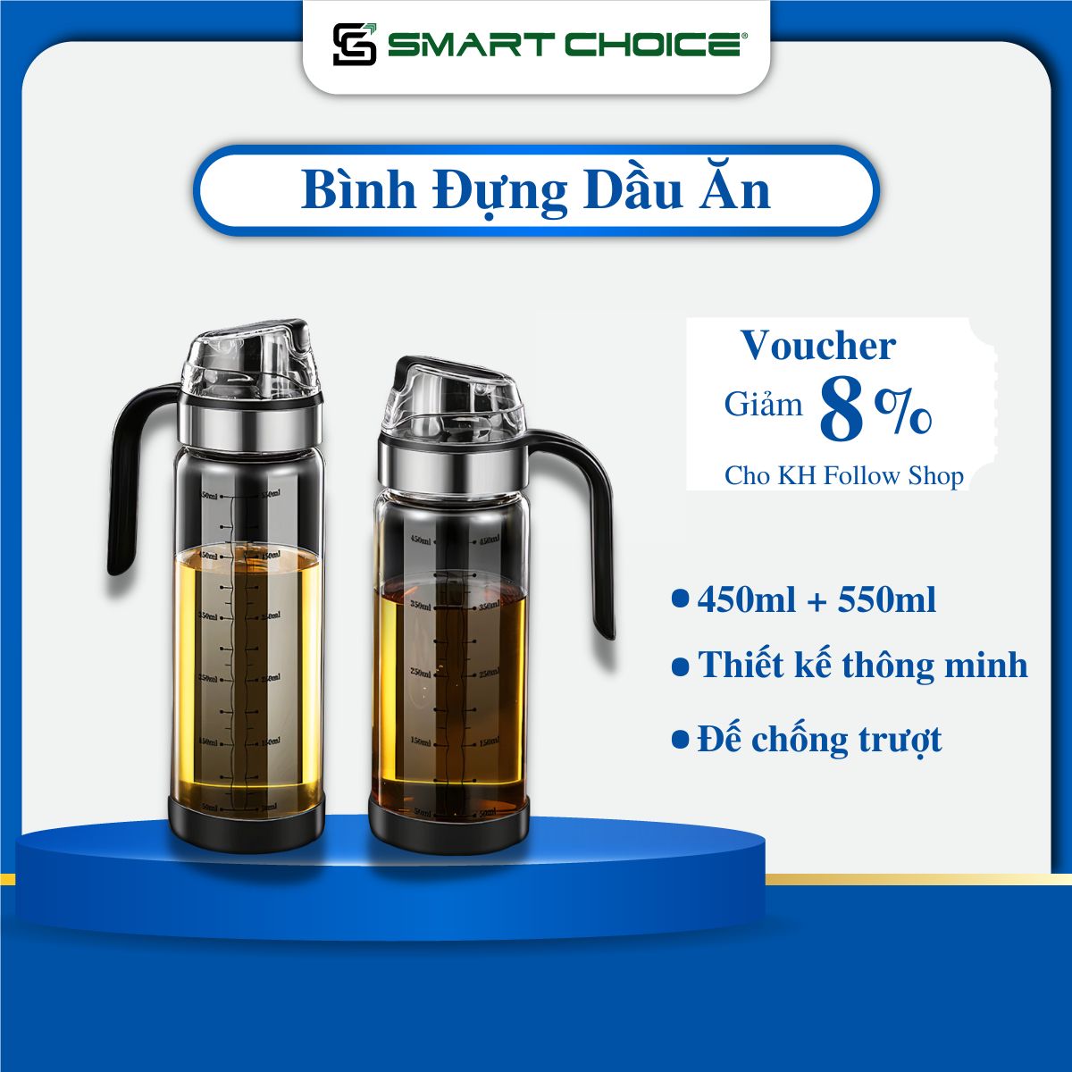 Bình Đựng Dầu Ăn Thủy Tinh SMARTCHOICE Cao Cấp, Chai Đựng Dầu Ăn, Nước Mắm Có Nắp Mở Tự Động 450ml + 550ml - Hàng Chính Hãng