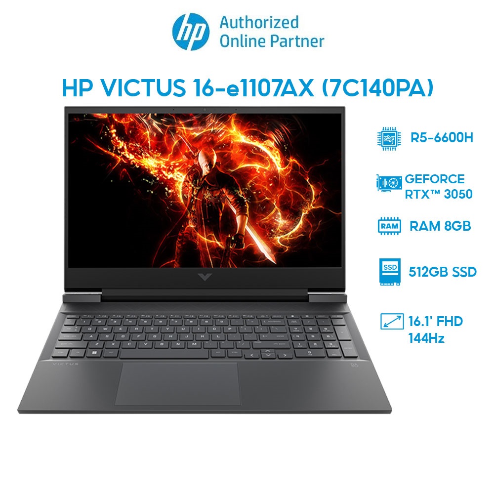 Laptop HP VICTUS 16-e1107AX (7C140PA) (R5-6600H | 8GB | 512GB | GeForce RTX 3050 4GB | 16.1' FHD 144Hz | Win 11) Hàng chính hãng
