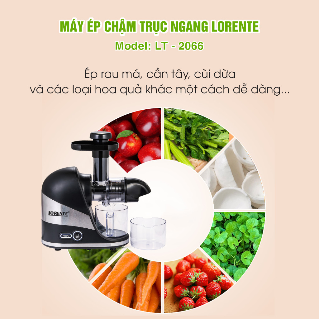 Máy Ép Chậm Trục Ngang Thế hệ mới 2022.Ép trái cây, Rau xanh, Củ quả. Ép được Rau má, Cần Tây, Cùi dừa. 300W - Lorente LT2066 - Hàng chính hãng