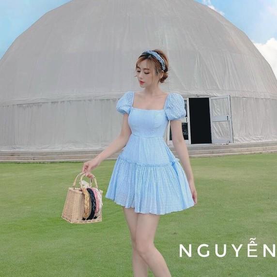 Váy Đầm Nữ Xòe Tay Phồng Tùng Xòe Nhún Tầng ,Có Mút Ngực Chất Liệu Xốp Chỉ Cao Cấp hời Trang Nữ KEMPK Màu Sắc Nhã Nhặn