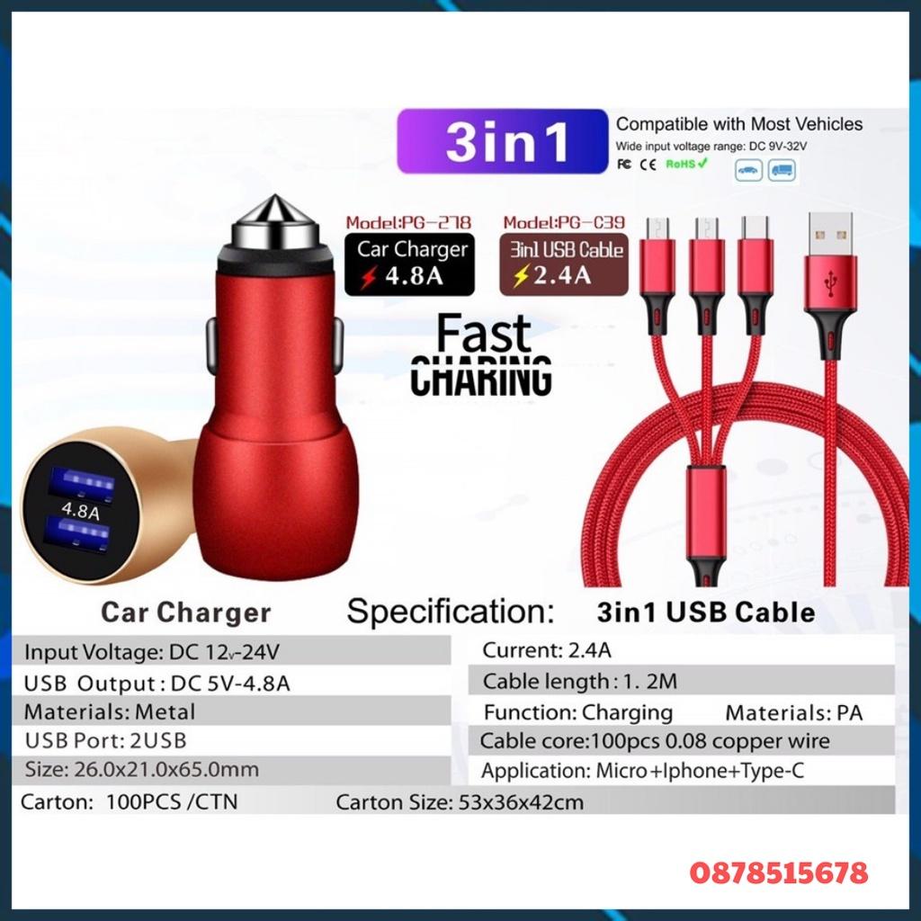 Bộ tẩu Sạc Nhanh 4.8A Pugan, Bộ Sạc Điện Thoại, Thiết Bị 3 Trong 1 Trên Xe Ô tô Cam Kết Hàng Cao Cấp Chất Lượng Loại 1