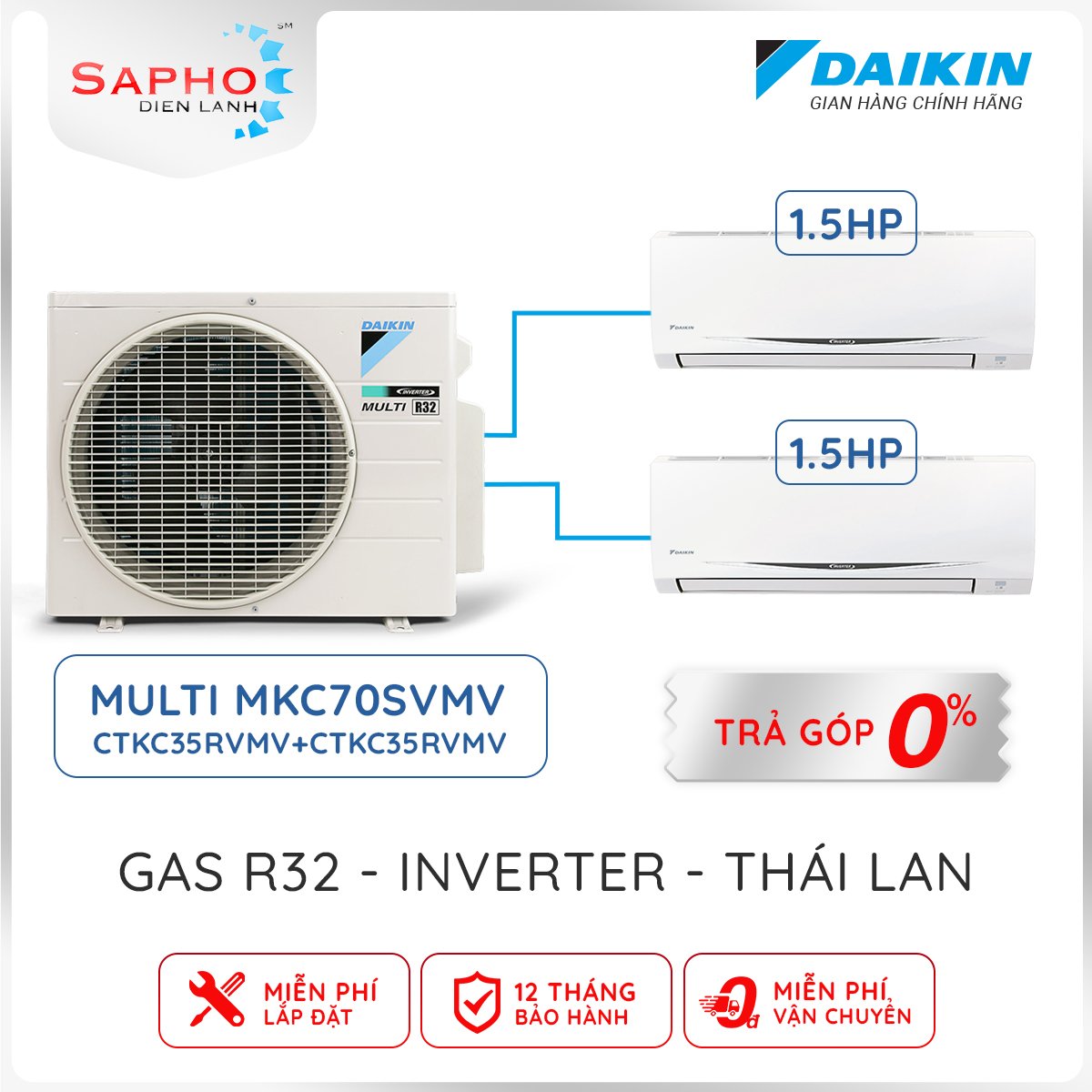 Hệ Thống Máy Lạnh Multi S Daikin Inverter Combo MKC70SVMV/CTKC35RVMV+CTKC35RVMV Gas R32 Treo Tường 1 Chiều Lạnh Hàng Chính Hãng- Chỉ giao tại HCM