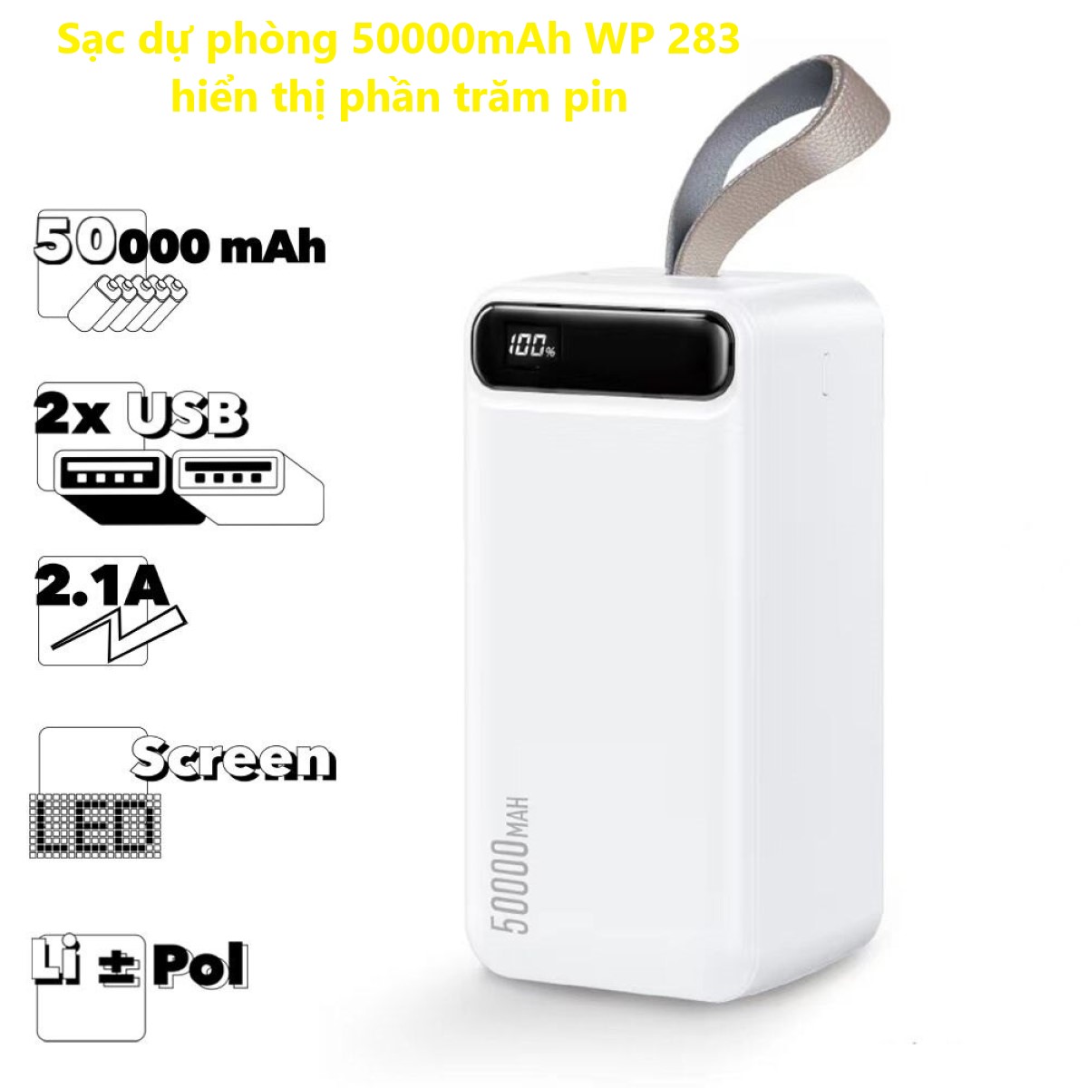 Sạc dự phòng 50000mAh WP 283 Trạm điện di động, 1 lần sạc sử dụng 10 ngày, 2 đầu vào 2 đầu ra tất cả đều sạc nhanh, hiển thị phần trăm pin, đèn pin led