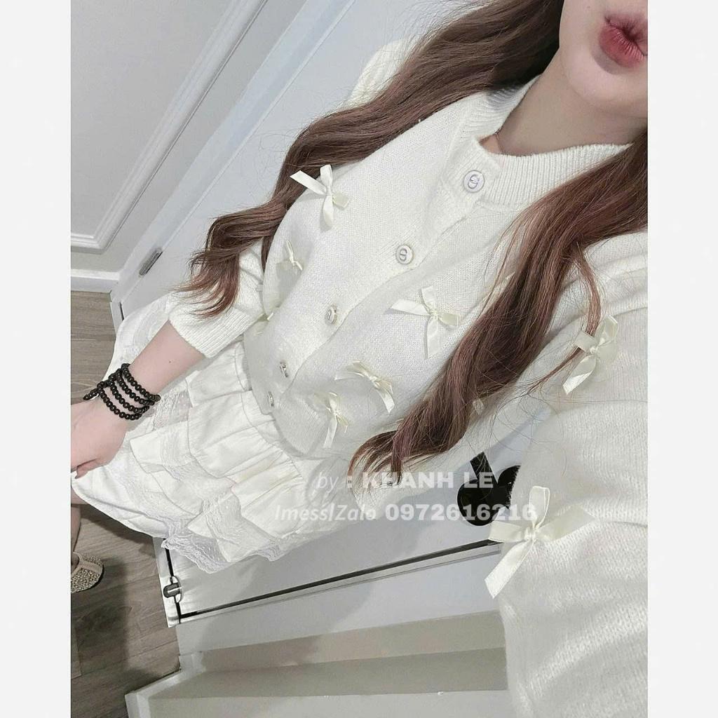 Set áo len lông thỏ đính nơ mix chân váy bèo tầng viền ren 206 HH Bộ áo cardigan phối váy tầng coquette Hàn MOONYHANOI BY JOLIE