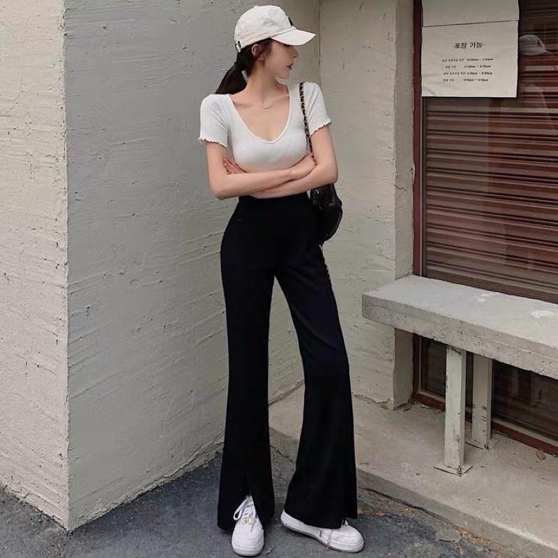 Quần loe xẻ Comfy Pants chất chuẩn Hàn co giãn kèm dây buột eo tôn dáng hack chiều cao công sở đi học đi làm ngahuyen