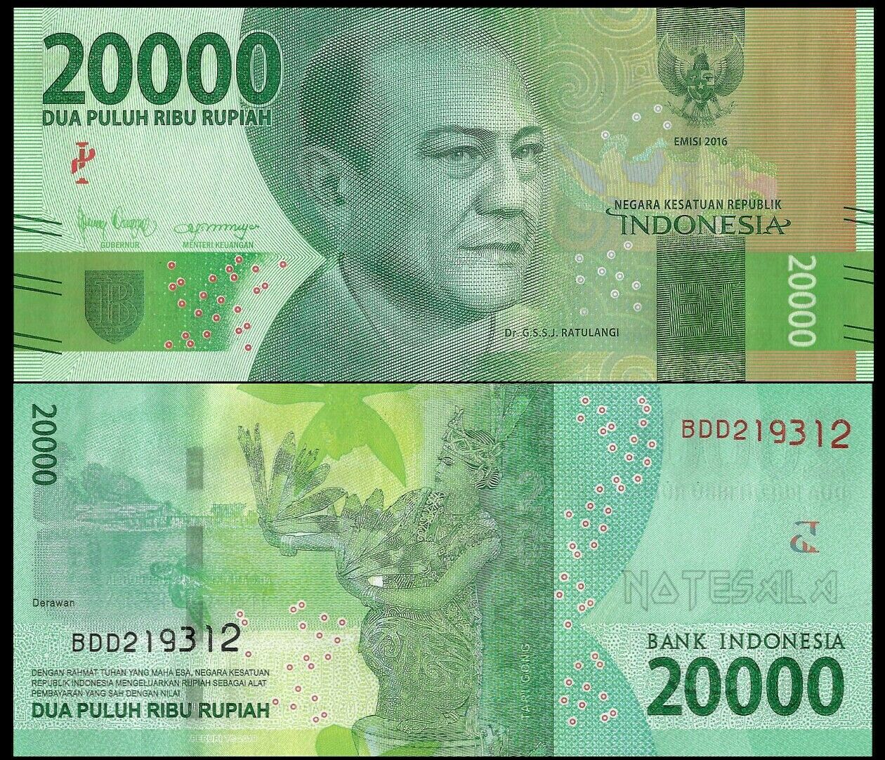 Tiền Đông Nam Á, 20000 rupiah Indonesia phiên bản mới sưu tầm, tặng kèm túi nilon bảo quản