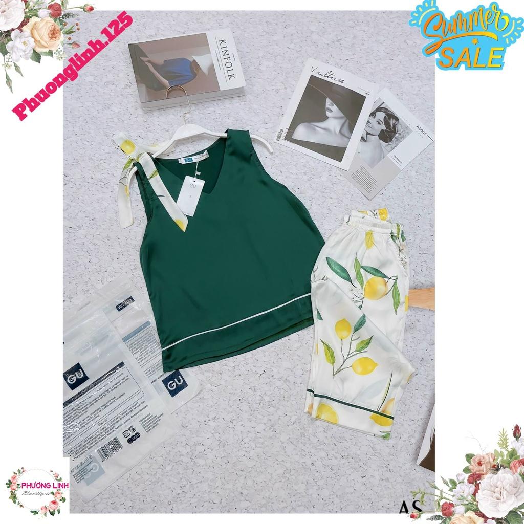 SET LỤA ÁO XANH NƠ VAI QUẦN HOA