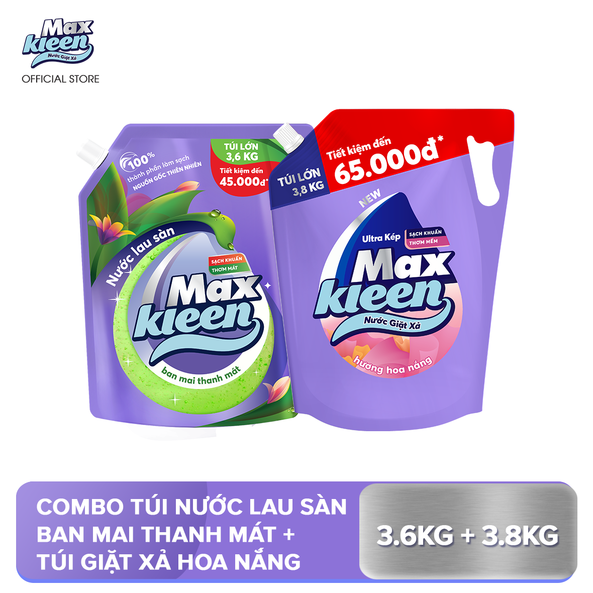 Combo Túi Nước Lau Sàn 3.6kg Ban Mai Thanh Mát + Túi Nước Giặt Xả MaxKleen 3.8kg Hoa Nắng