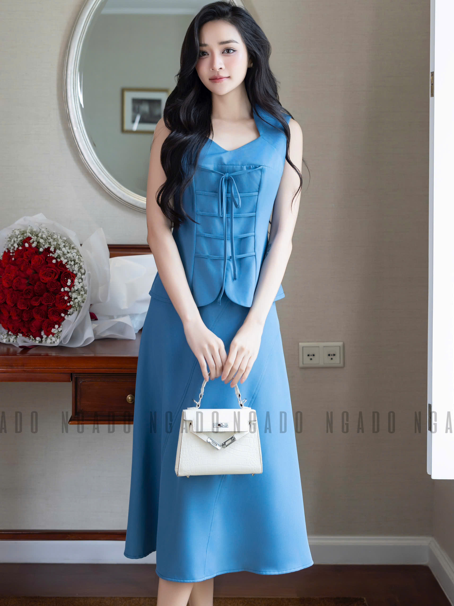 Set áo váy xanh sát nách NGADO , set áo váy , set dự tiệc , công sở