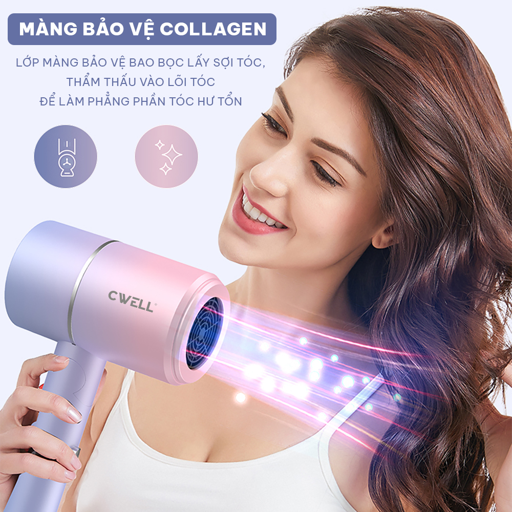 Máy sấy tóc mini CWELL gấp gọn 2 chiều nóng lạnh C01HD, công suất 1200W, ánh sáng xanh bảo vệ tóc