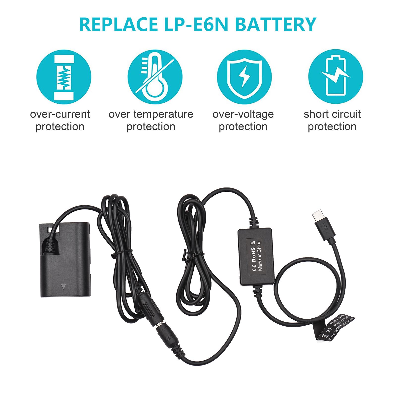PD USB Type-C Cable to DR-E6 Dummy Battery DC Coupler LP-E6N for Canon EOS 60D 70D 80D 5DS R 5D Mark IV III 5D4 5D3