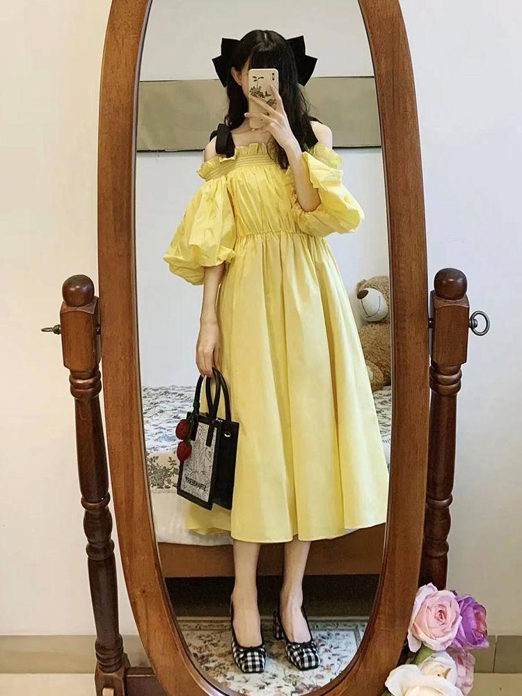 CHENGRUI Phong cách Pháp trà nghỉ công chúa phong siêu tiên khí chất một chữ cổ hở vai đầm nữ sinh mùa hè trung bình dài chữ A váy