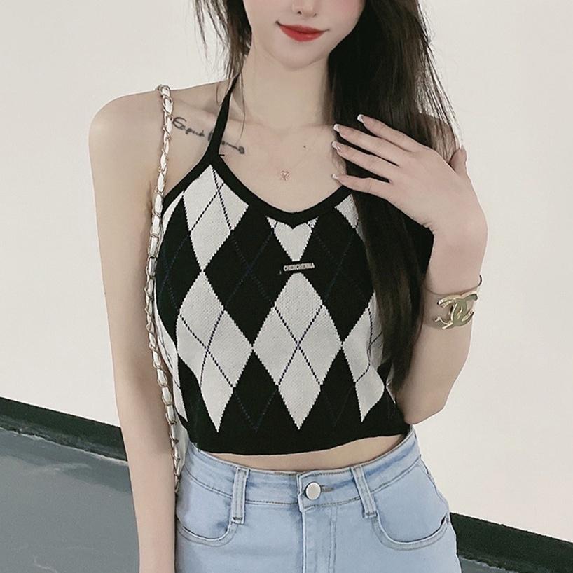 Áo yếm caro croptop dệt kim len nữ kiểu buộc dây cô tim dáng ngắn thiết kế Quảng Châu cao cấp trẻ trung cá tính