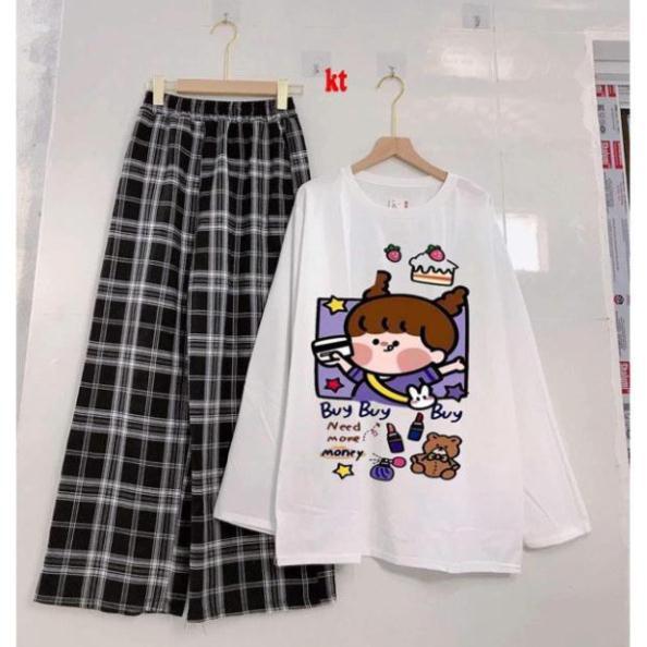 Sét áo sweater cô gái so cute+ quần kẻ ô siêu xinh -ND16