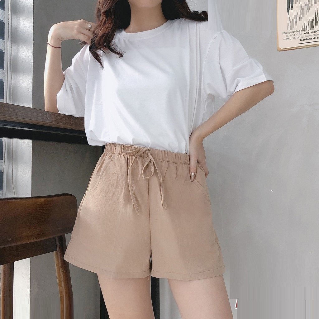 Quần shorts nữ đẹp ống rộng cạp chun chất đũi
