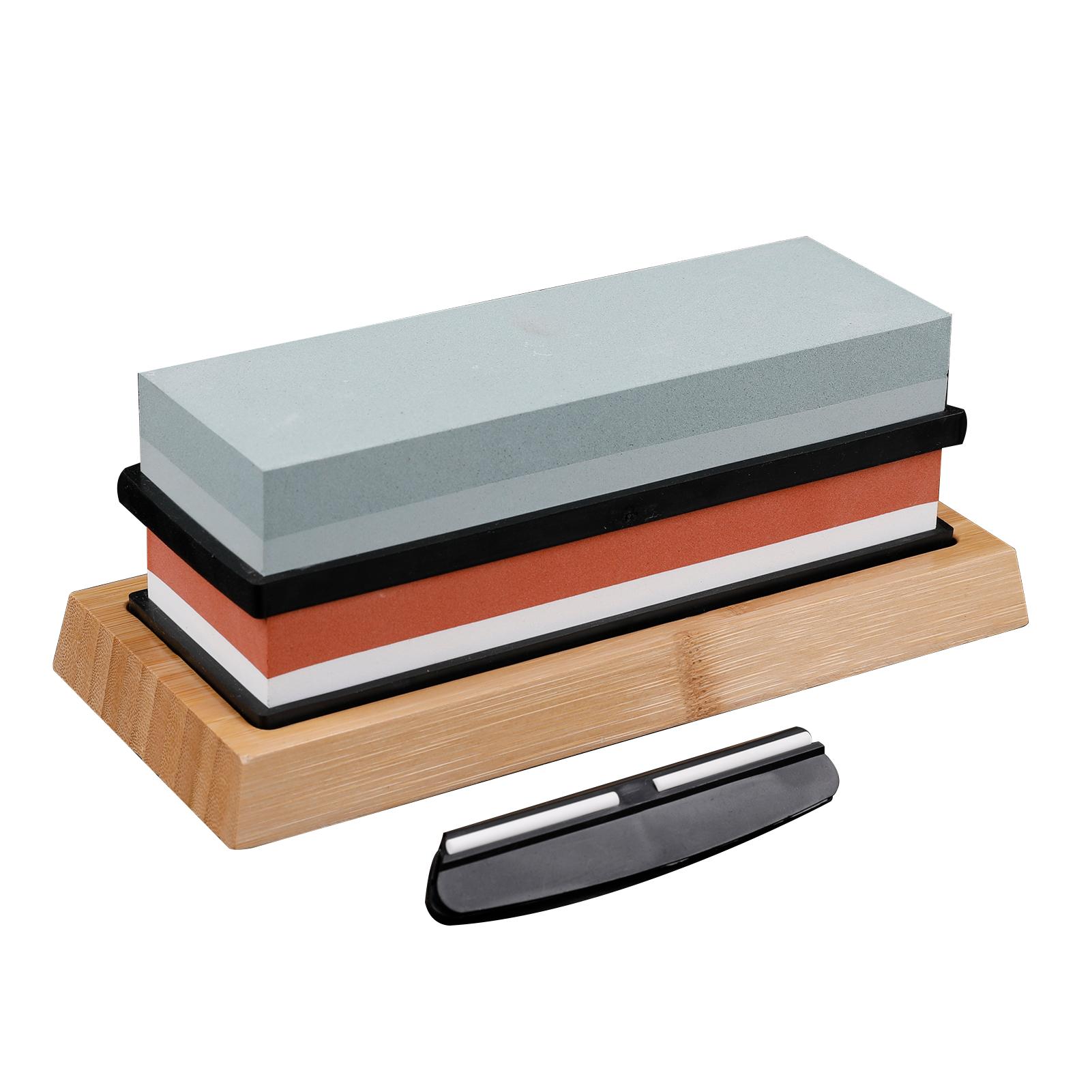 Bộ Đá mài hai mặt Grit White Corundum với giá đỡ silicone, đế tre, bộ điều chỉnh đá trắng và thanh dẫn góc, dụng cụ mài dao chuyên nghiệp