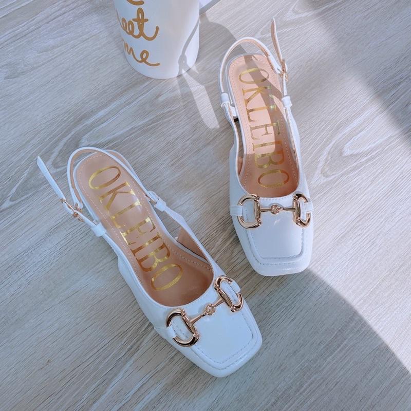 Giày cao gót 3p, giày cao gót mũi vuông khóa OKLEIBO gót vuông 3cm màu đen và trắng size 35 đến 39