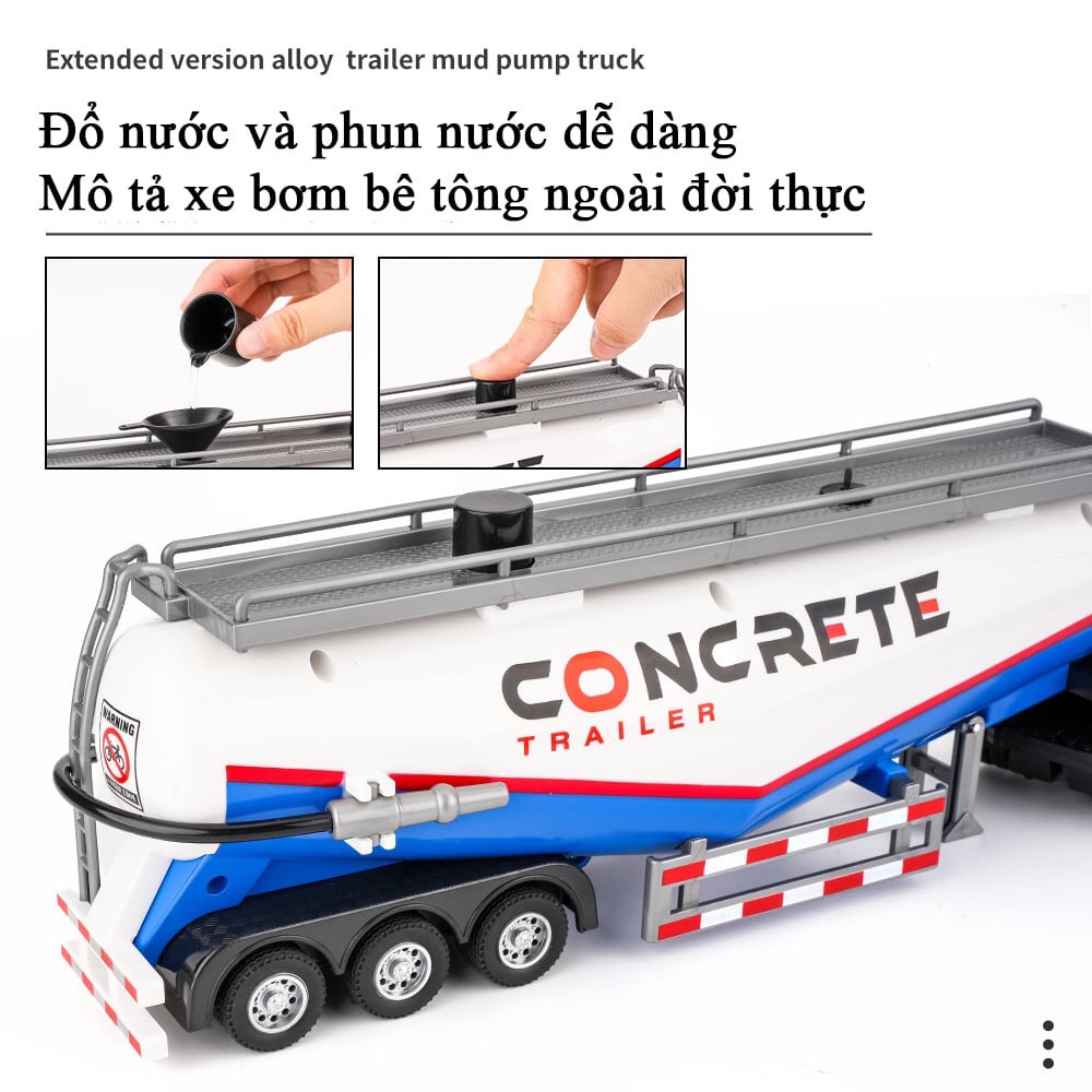 Mô hình đồ chơi xe bơm bê tông đầu bằng hợp kim phun được nước có nhạc và đèn dài 34 cm