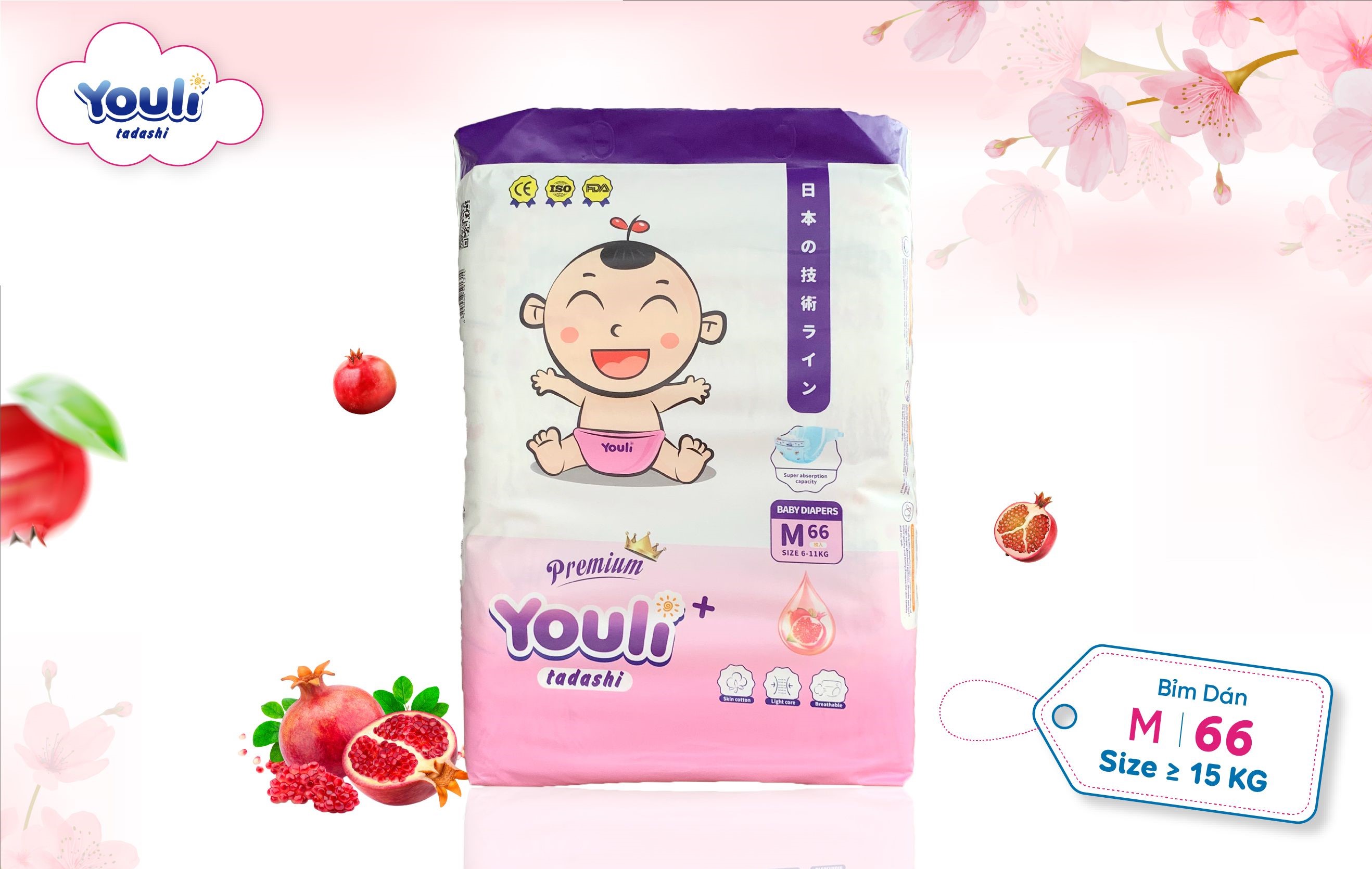 TÃ BỈM YOULI TÝ QUẬY DÁN SIZE L 60 MIẾNG CHO BÉ 9-14KG