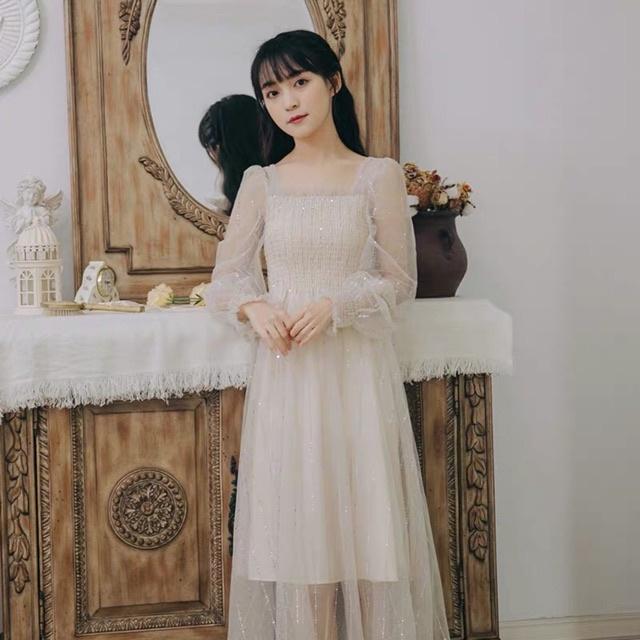 Đầm Ulzzang kim tuyến cổ vuông thắt nơ sau phong cách Pháp