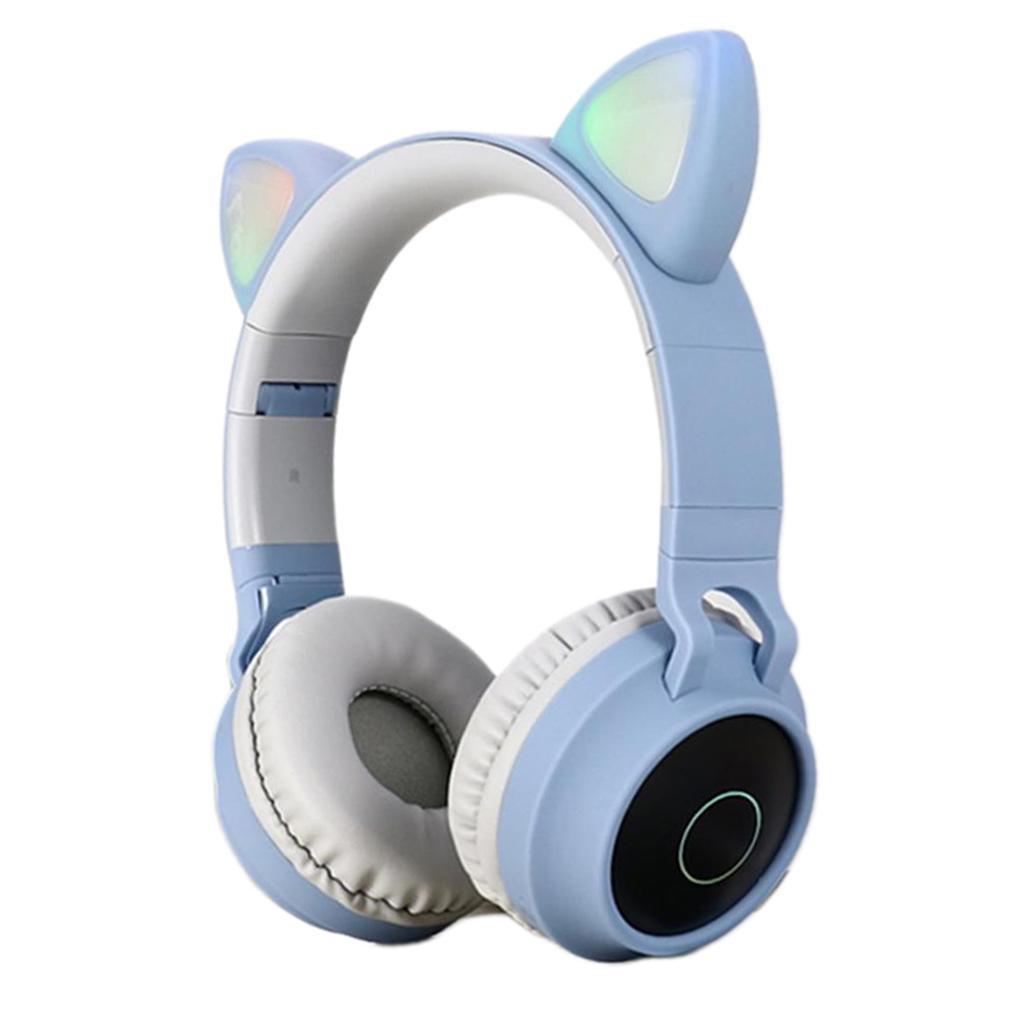 Bluetooth Stereo Cat Ear Headphones LED Light Flashing Glowing Headset Blue