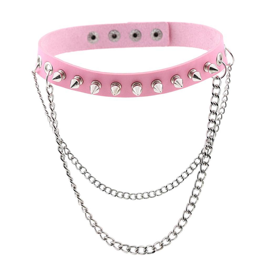 Womens Mens Punk Gothic Collar Choker PU Leather  Rivet Necklace Pink