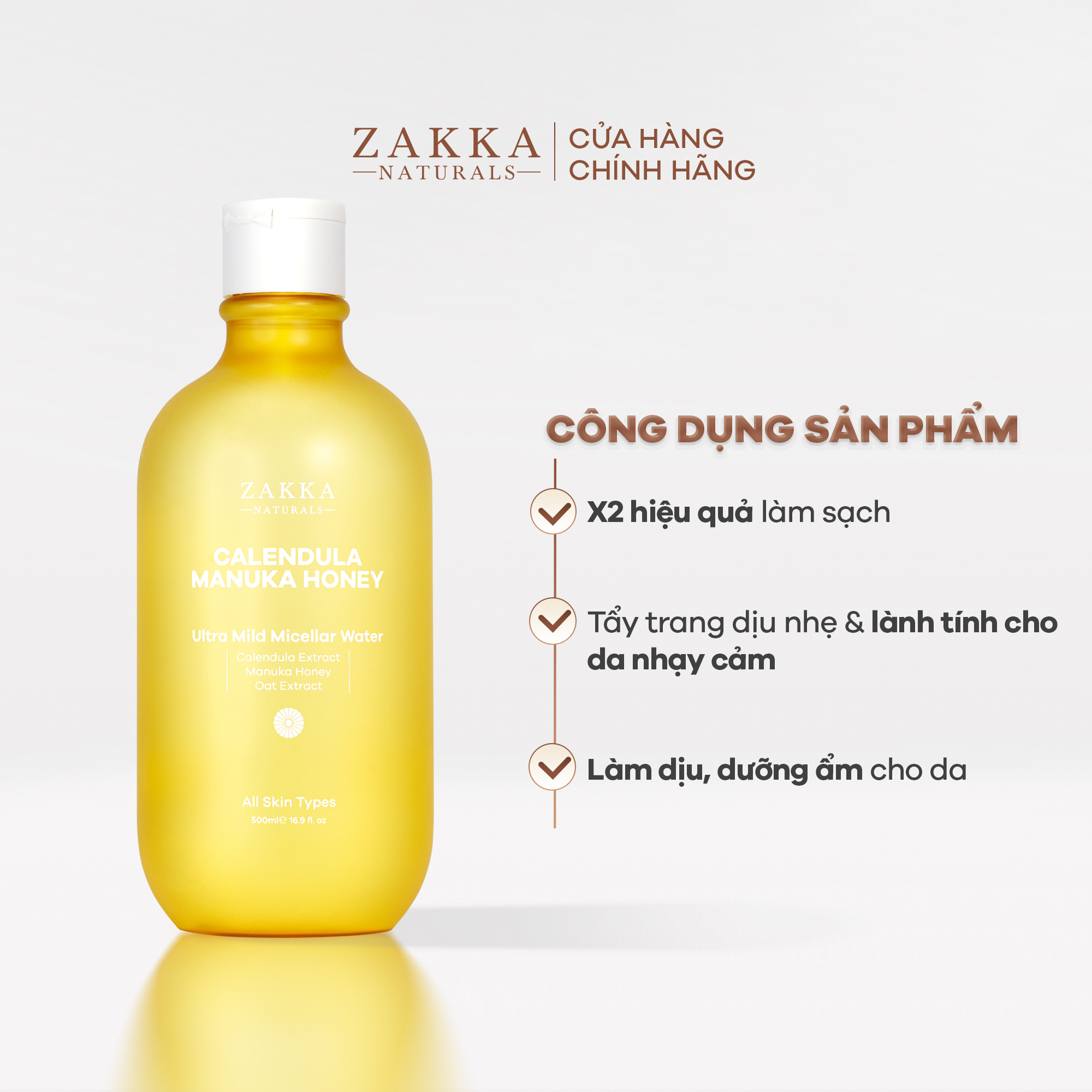 Nước Tẩy Trang Cúc Và Mật Ong Dịu Nhẹ Dành Cho Da Nhạy Cảm - Calendula &amp; Manuka Honey Ultra Mild Micellar Water - Zakka Naturals 500ml