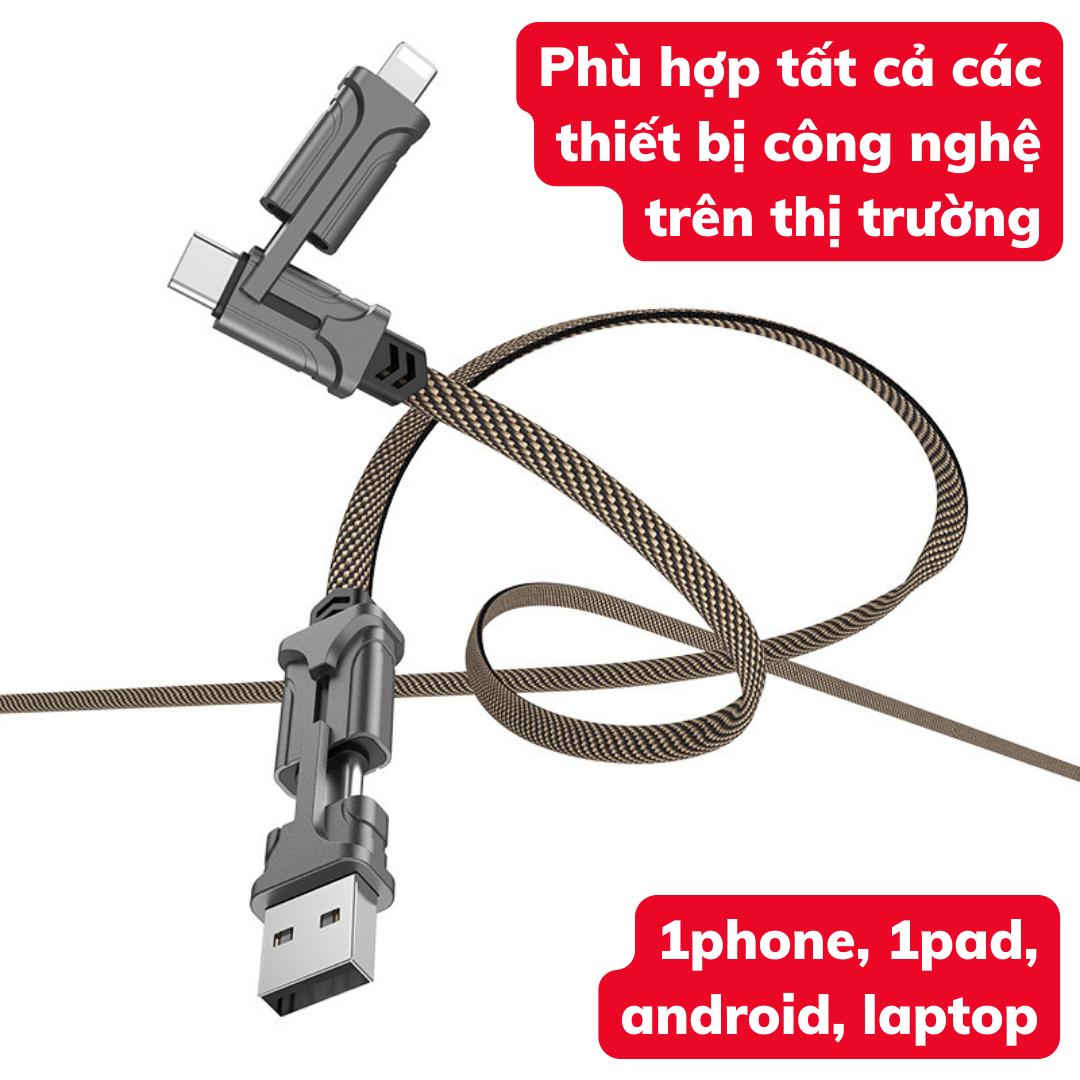 Dây Sạc Nhanh 4 Trong 1 TYPE-C &amp; USB hỗ trợ sạc laptop, 1pad, 1phone - Cáp sạc nhanh 3 đầu dài 1.2m
