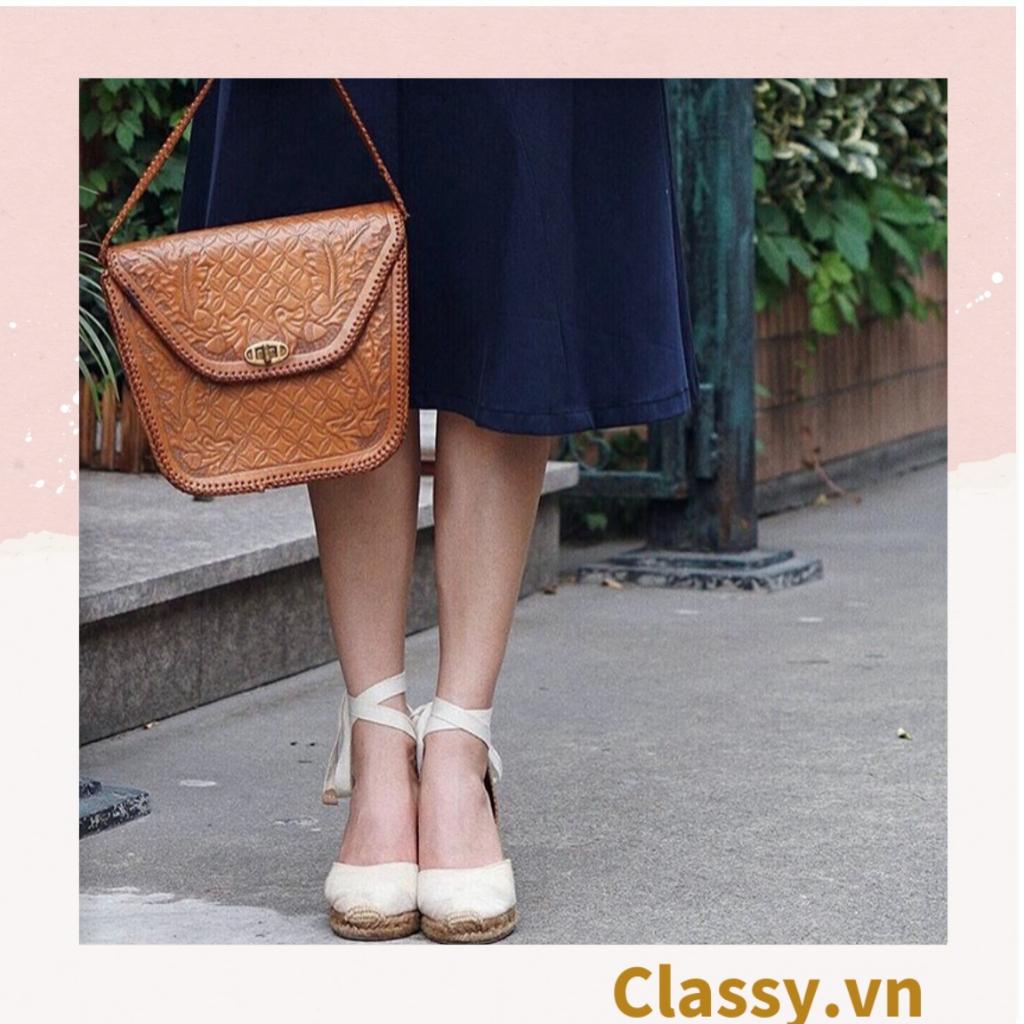 Giày cói Classy đế xuồng đế cói cao 8 CM buộc nơ, đi dạo phố, đi biển [G421] - ĐEN