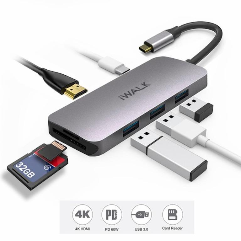 Thiết bị mở rộng USB type-C sang HDMI- iWALK ADH003 All-in-One - Với 1 cổng HDMI 4K, 3 USB-A 3.0, 1 SD, 1 Mirco SD/TF và 1 Type-C PD 3.0 - Dành cho MacBook Pro, iPad Pro, hoặc thiết bị cổng Type-C-Hàng chính hãng